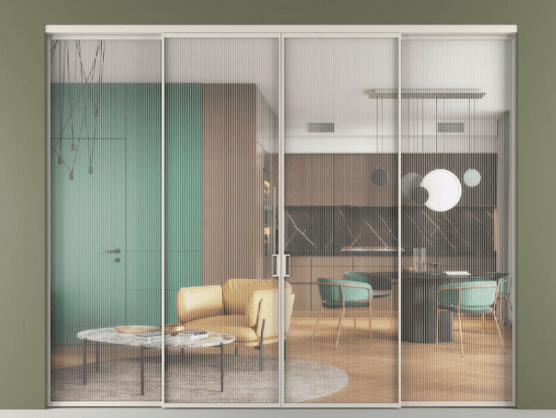 Перегородка Формато внутри проёма 4 створки АЛПР 040.01 Алюминий облачно-серый Рифлёное стекло "Мору", триплекс Цена 448360 ₽  | Volhovec