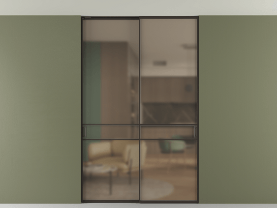 Перегородка Формато внутри проёма скрытое крепление в потолок 2 створки АЛПР 040.02 Алюминий антрацит Сатинированное бронзовое стекло, триплекс Цена 318470 ₽ | Volhovec