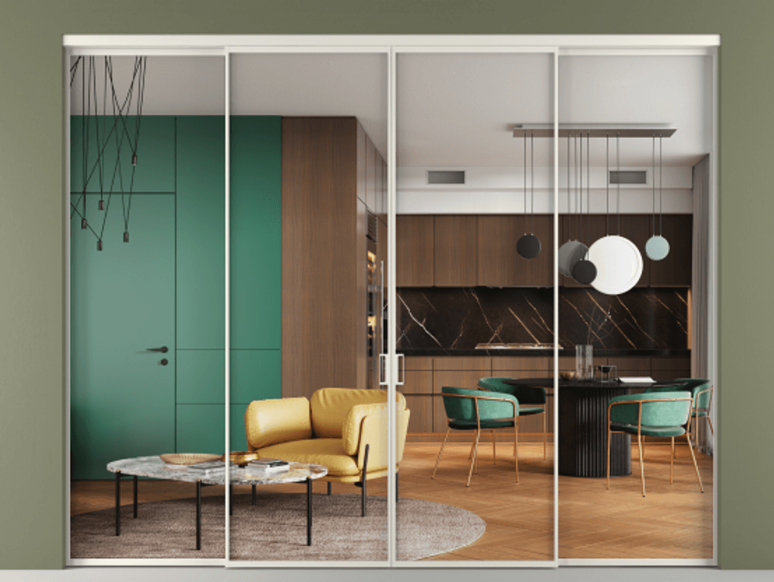 Перегородка Формато внутри проёма 4 створки АЛПР 040.01 Алюминий Белый Прозрачное стекло "Кристал Вижн", калёное Цена 392400 ₽  | Volhovec