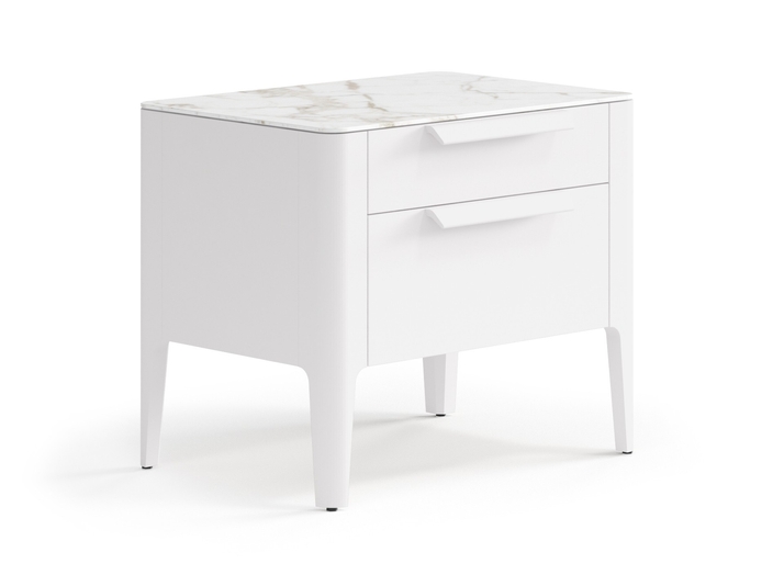 Мебель Тумба прикроватная Пьега 2 ящика. Цвет Матовый пудровый белый. Материал Гладкая эмаль. Коллекция Тумба прикроватная Пьега 2 ящика. Картинка.